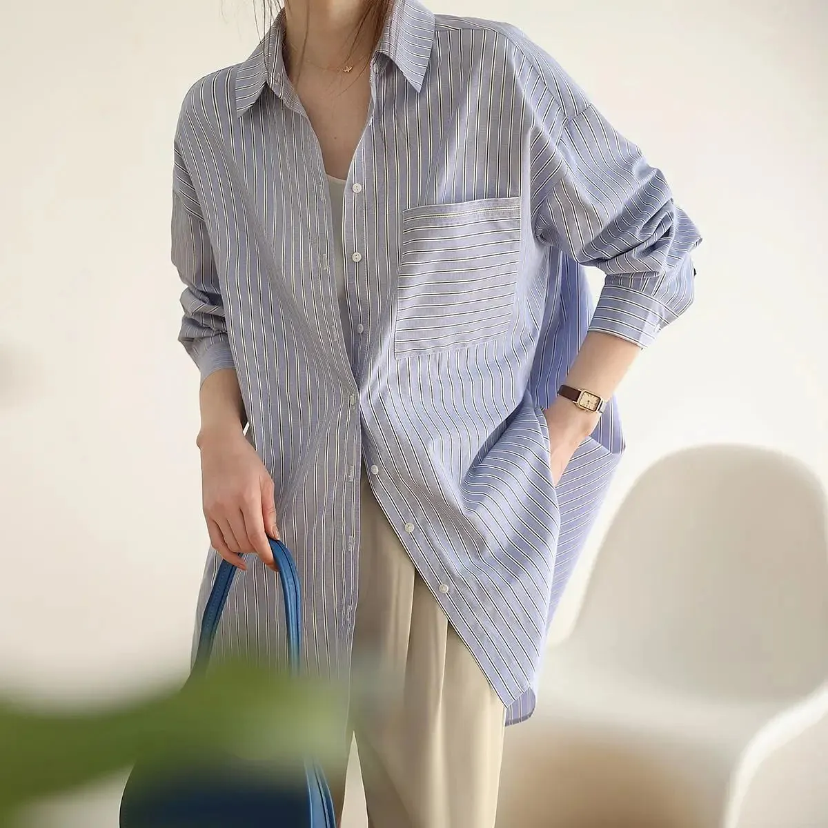 Aiertu Office Lady's Elegant Shirt Jacket Women's Loose Striped Long Sleeved Shirts And Blouses Summer Trend Korean Sweet Casual Top