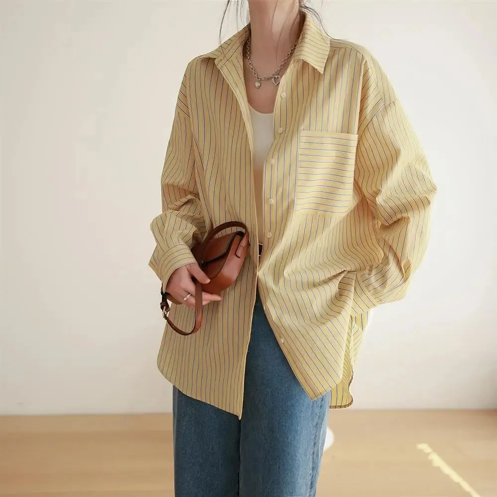 Aiertu Office Lady's Elegant Shirt Jacket Women's Loose Striped Long Sleeved Shirts And Blouses Summer Trend Korean Sweet Casual Top