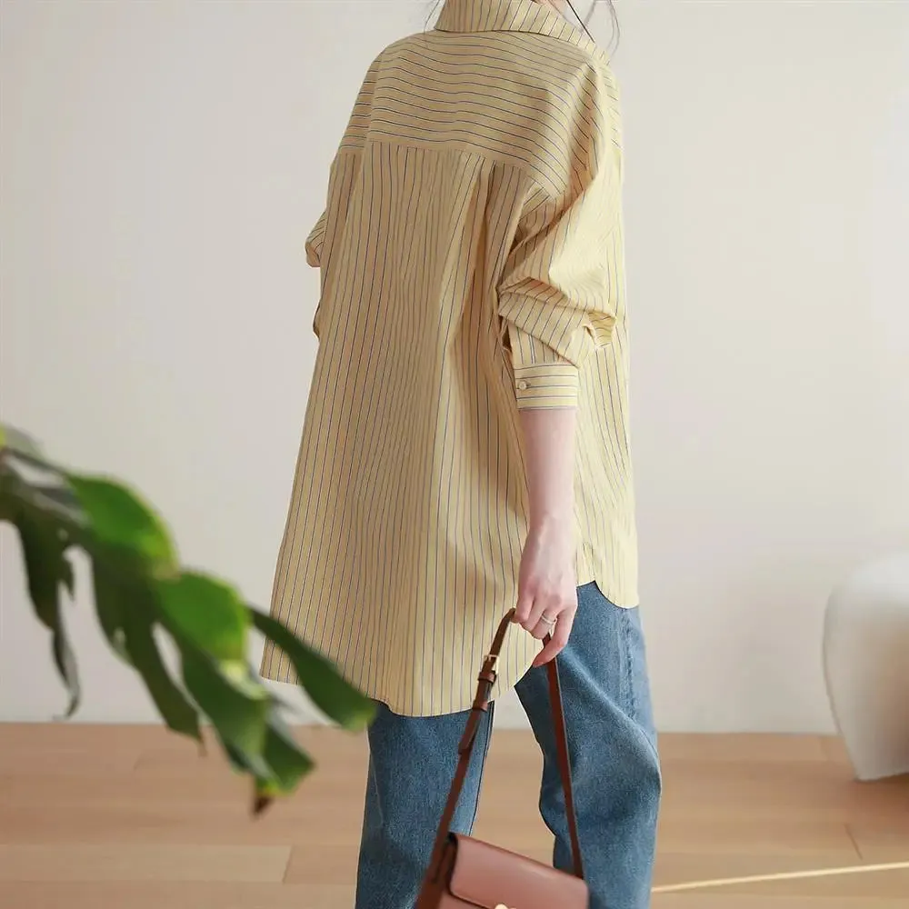 Aiertu Office Lady's Elegant Shirt Jacket Women's Loose Striped Long Sleeved Shirts And Blouses Summer Trend Korean Sweet Casual Top
