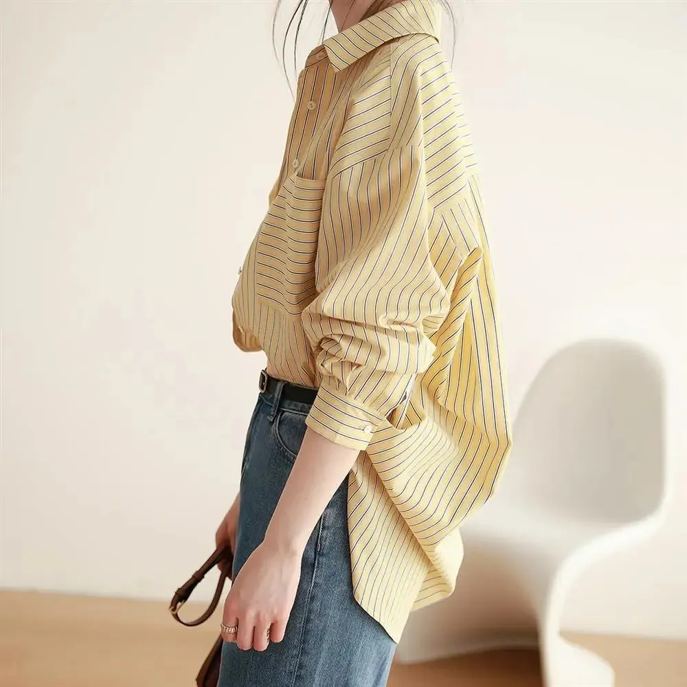 Aiertu Office Lady's Elegant Shirt Jacket Women's Loose Striped Long Sleeved Shirts And Blouses Summer Trend Korean Sweet Casual Top