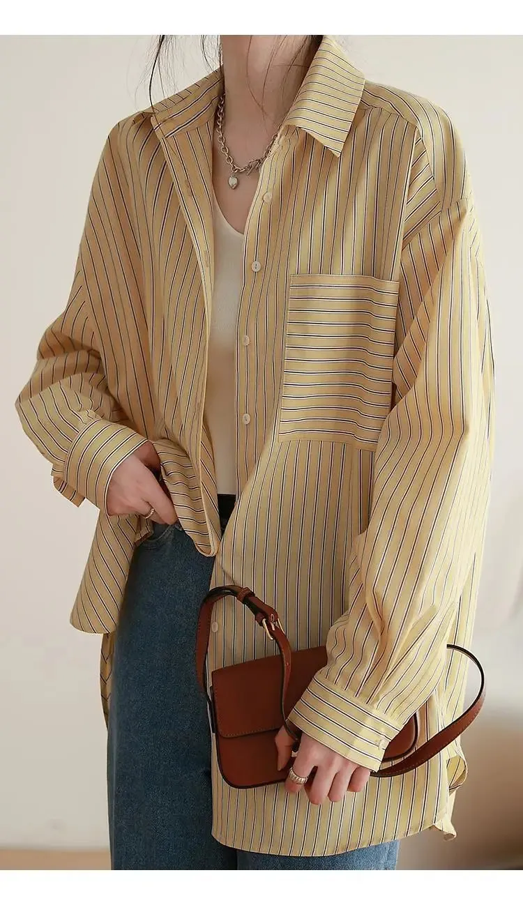 Aiertu Office Lady's Elegant Shirt Jacket Women's Loose Striped Long Sleeved Shirts And Blouses Summer Trend Korean Sweet Casual Top