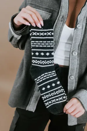 Aztec Wool Blend Crew Socks, Charcoal