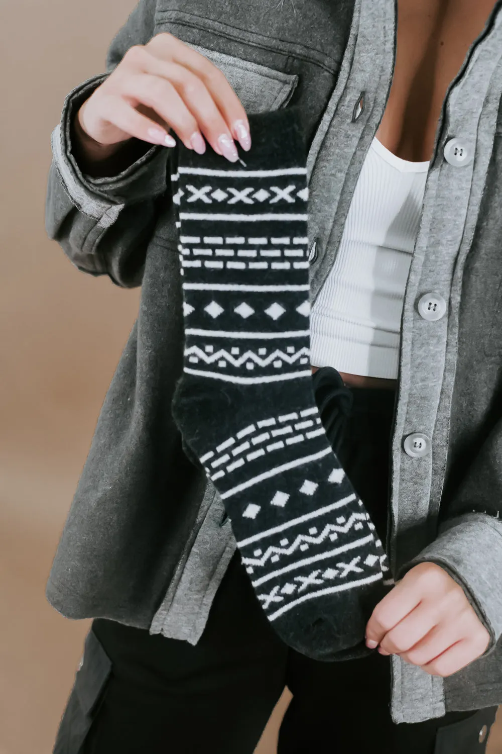 Aztec Wool Blend Crew Socks, Charcoal
