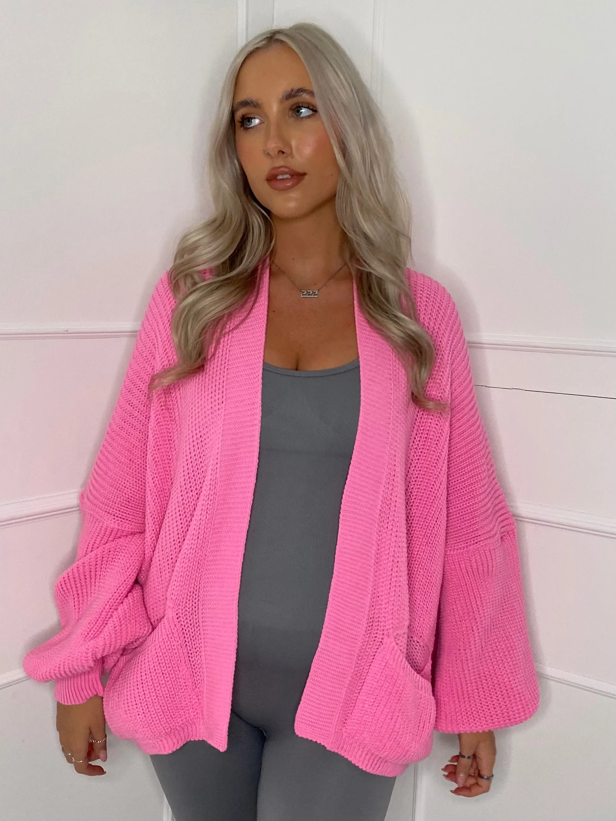 Balloon Sleeve Knitted Cardigan - Neon Pink