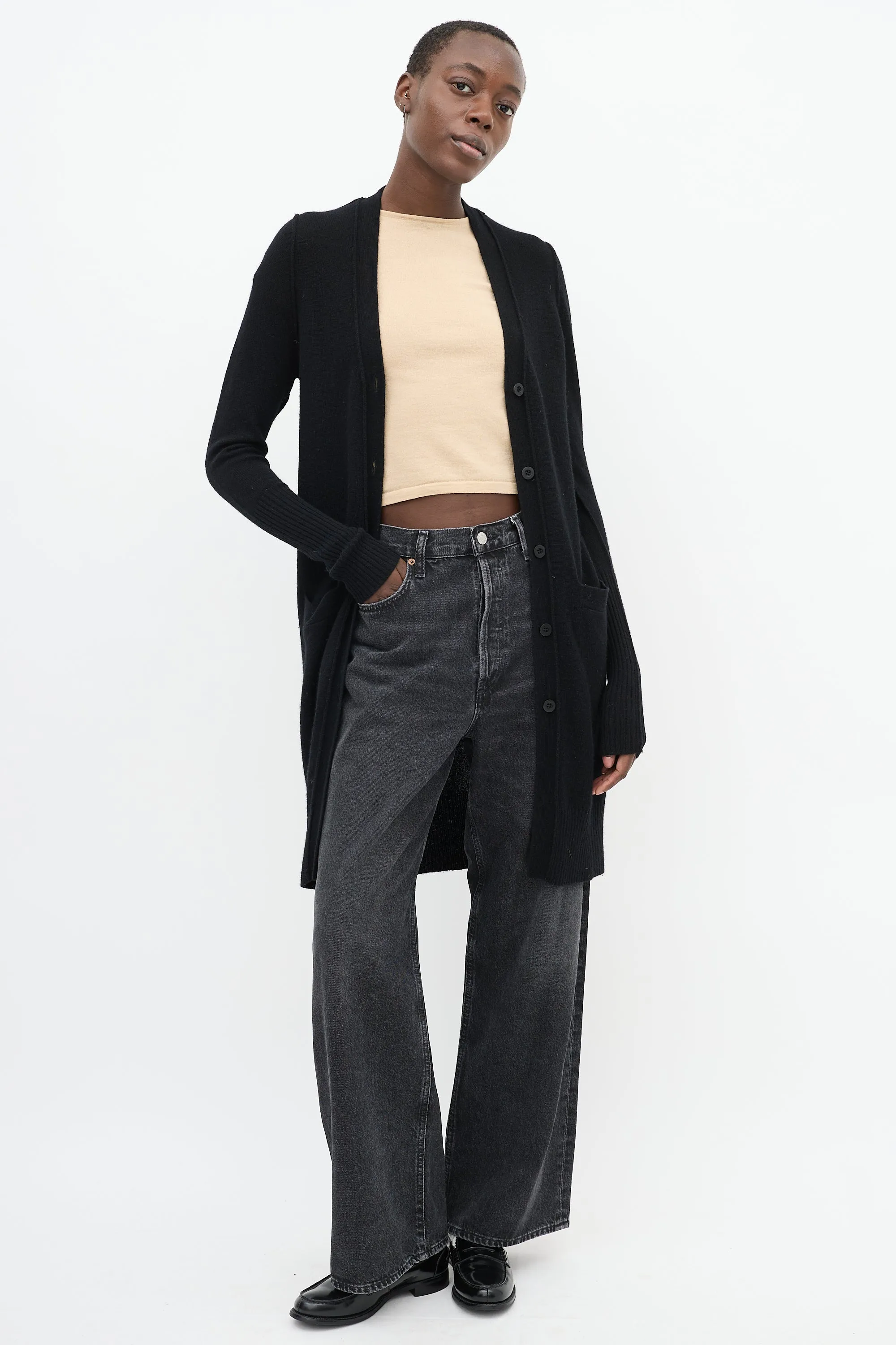 Black Cashmere Long V-Neck Cardigan
