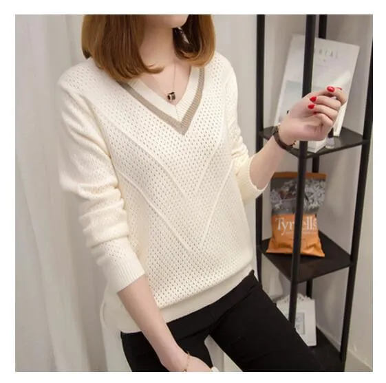 Chic Women's V-neck  Sweater - Head Loose - New Fashion Long Sleeved Knit Women's Top (TB8C)(F23)