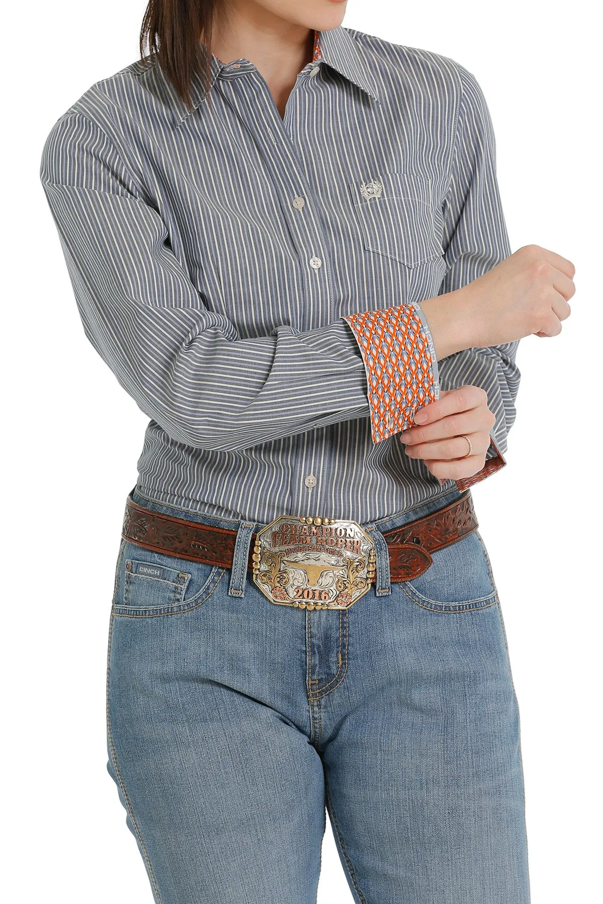 Cinch Women's Light Blue Stripe Button Down Western Shirt