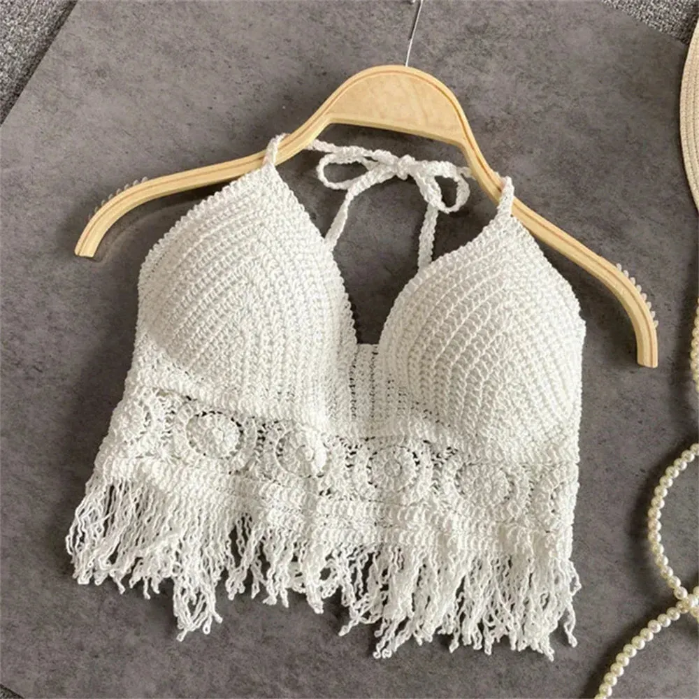 Damen Crop-Top mit Fransen im Koreanische-Strand-Look Sommerliches Stricktop