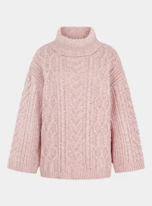 Emily Cable Roll Neck Tunic Jumper - Dusky Pink