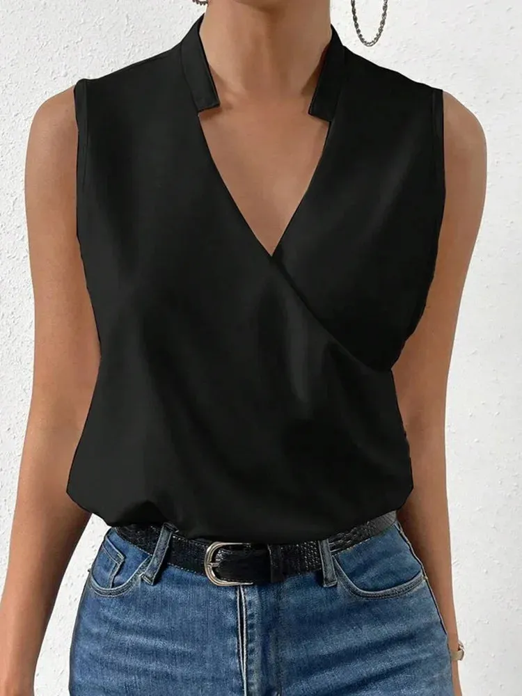Fashion V-Neck Sleeveless Print Women's Tops and Blouses - Summer Casual White Tank Top, Femme Shirt Blouse