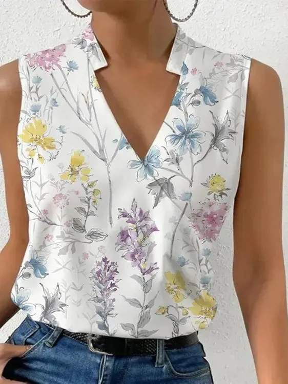 Fashion V-Neck Sleeveless Print Women's Tops and Blouses - Summer Casual White Tank Top, Femme Shirt Blouse
