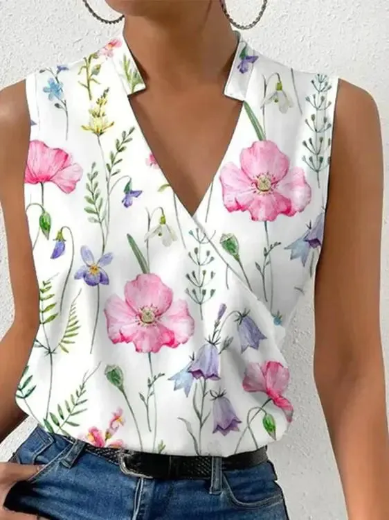 Fashion V-Neck Sleeveless Print Women's Tops and Blouses - Summer Casual White Tank Top, Femme Shirt Blouse
