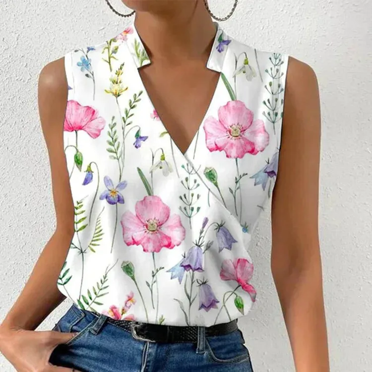 Fashion V-Neck Sleeveless Print Women's Tops and Blouses - Summer Casual White Tank Top, Femme Shirt Blouse