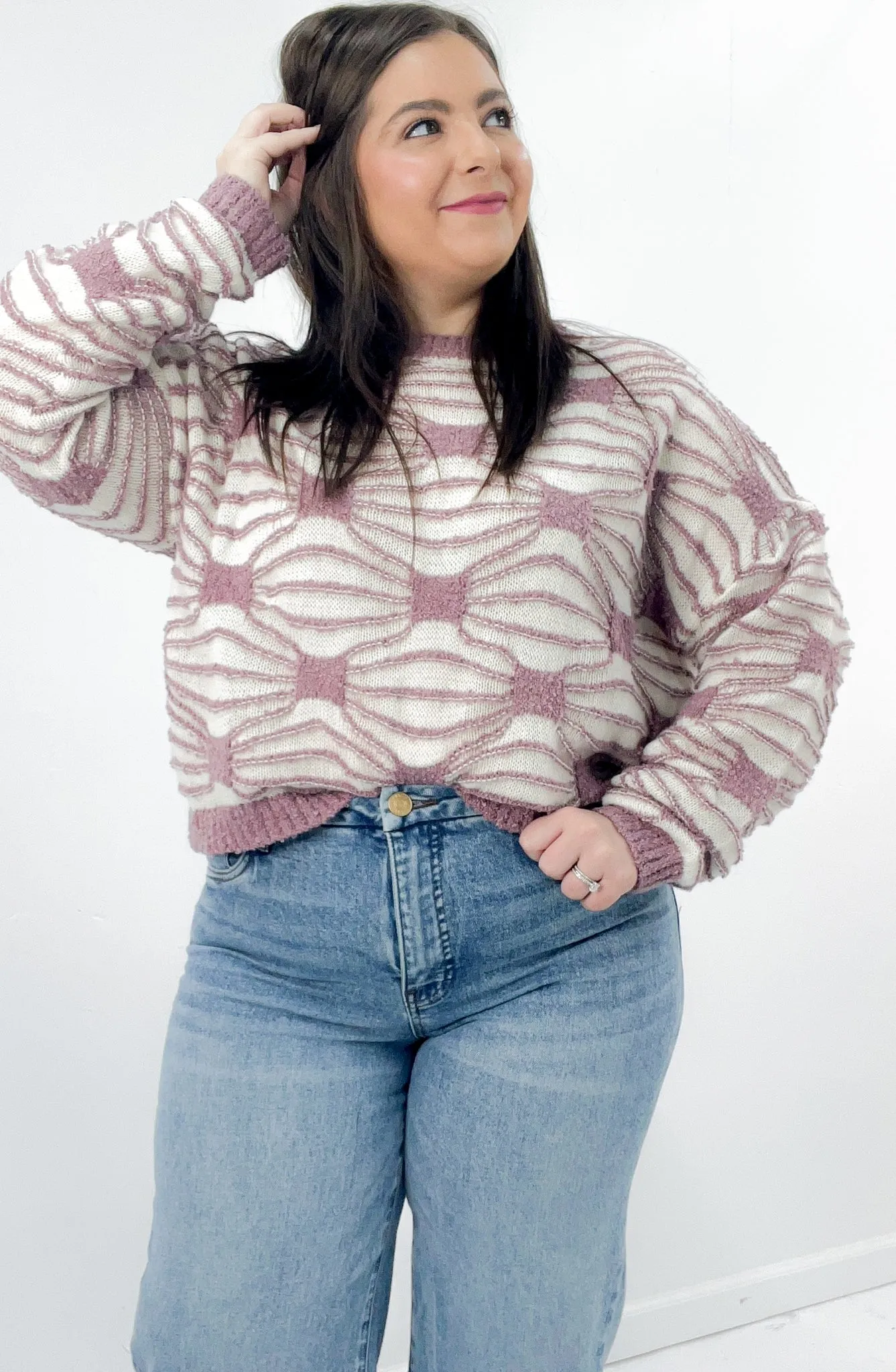 Geo Print Cropped Crewneck Sweater