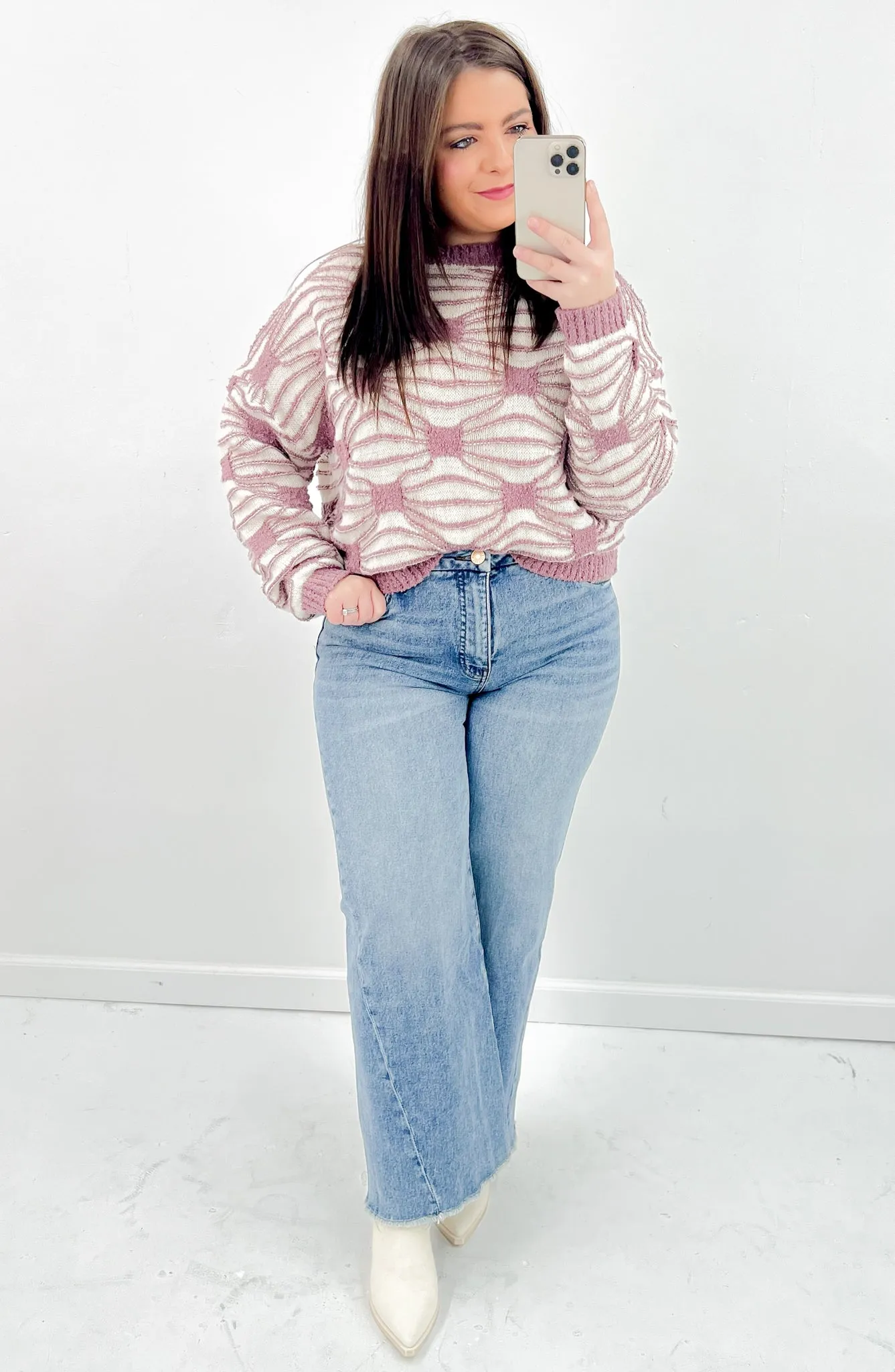 Geo Print Cropped Crewneck Sweater