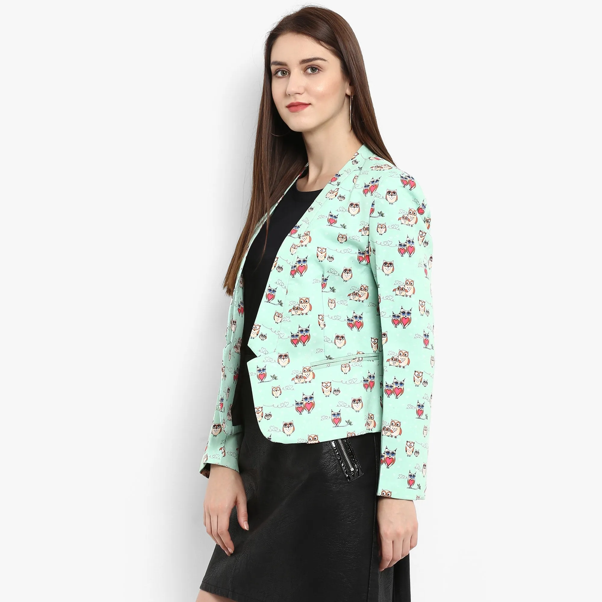 Green Allover Owl Print Blazer