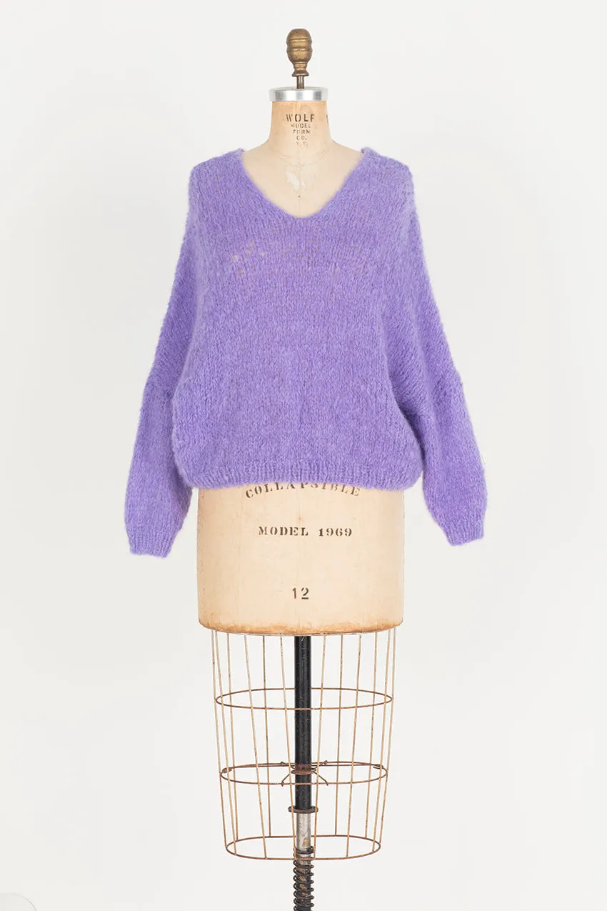 Hand knit batwing V neck sweater (Alpaca) - Silver