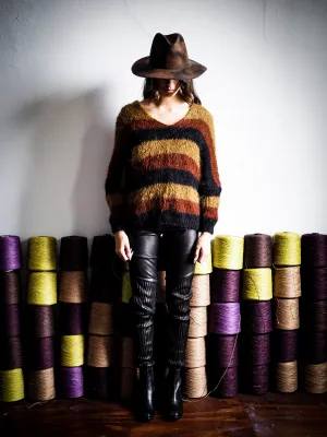 Hand knit V neck batwing sweater (Alpaca) Ochre stripe