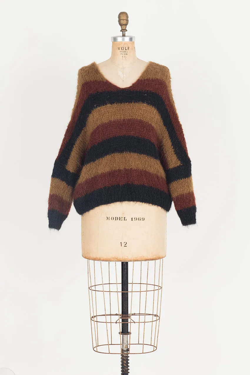 Hand knit V neck batwing sweater (Alpaca) Ochre stripe