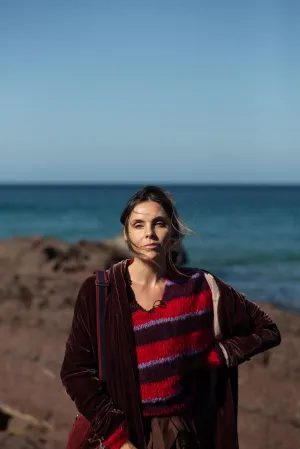Hand knit V neck batwing sweater (Alpaca) red stripe