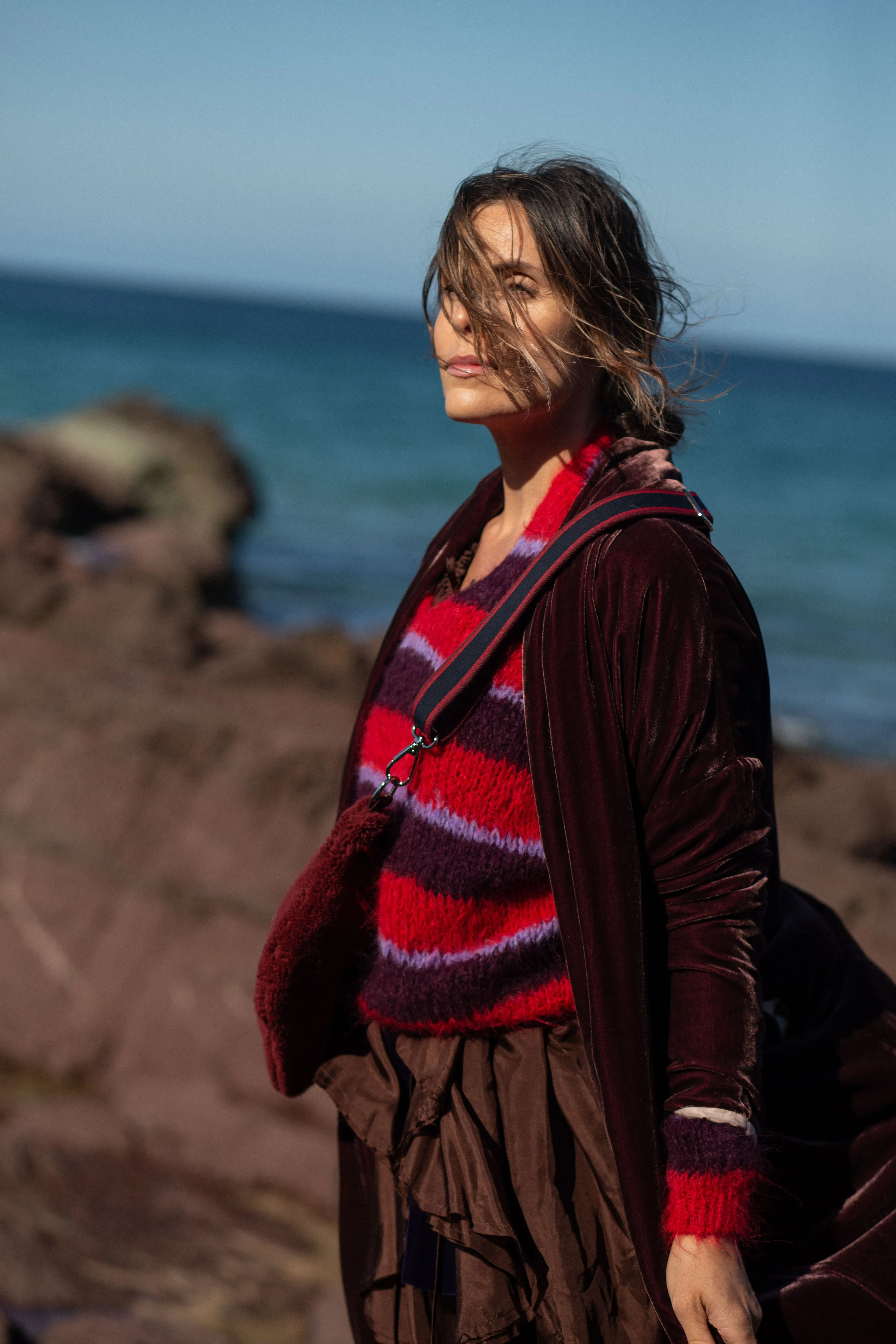 Hand knit V neck batwing sweater (Alpaca) red stripe