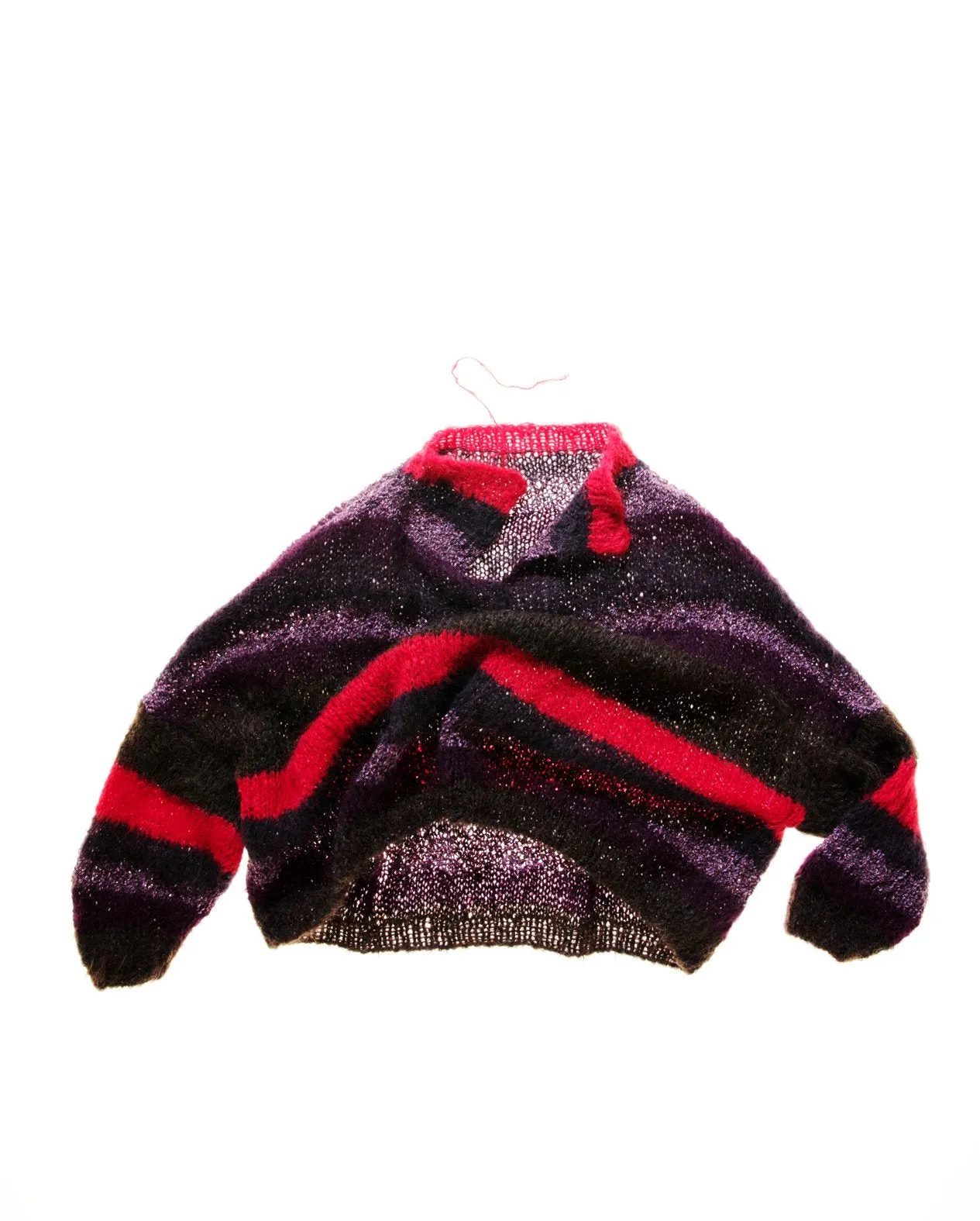 Hand knit V neck batwing sweater (Alpaca) red stripe