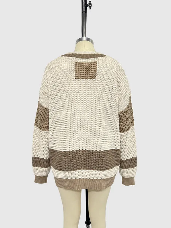 Knitted Jacket V-Neck Large Size Pocket Colorblock Cardigan Sweater
