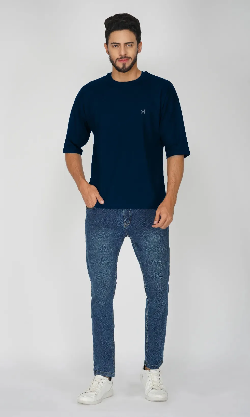Mebadass Cotton Men's OverSized/Baggy Dropshoulder T-shirts - Navy Blue