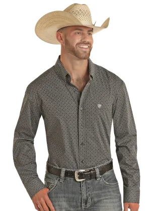 Men's Rock & Roll Black Geo Print Long Sleeve Button Down Shirt