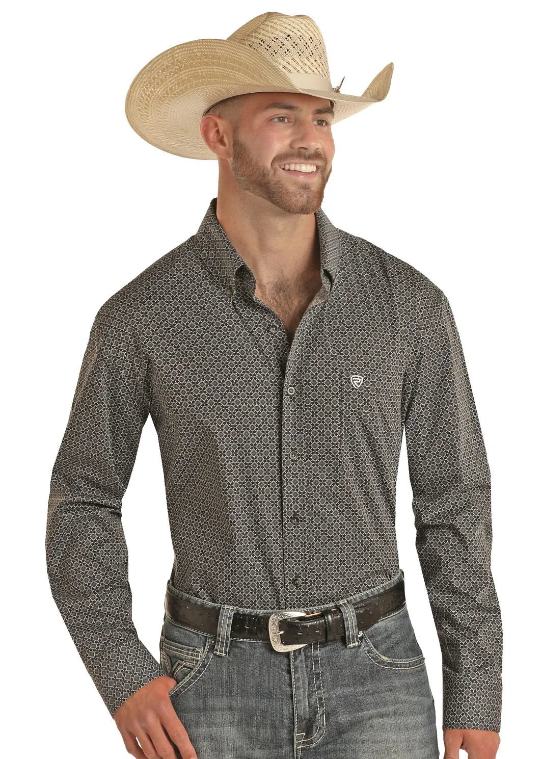 Men's Rock & Roll Black Geo Print Long Sleeve Button Down Shirt