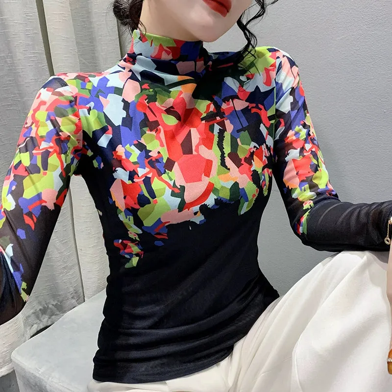 Printed Top Design Long Sleeve Mesh
