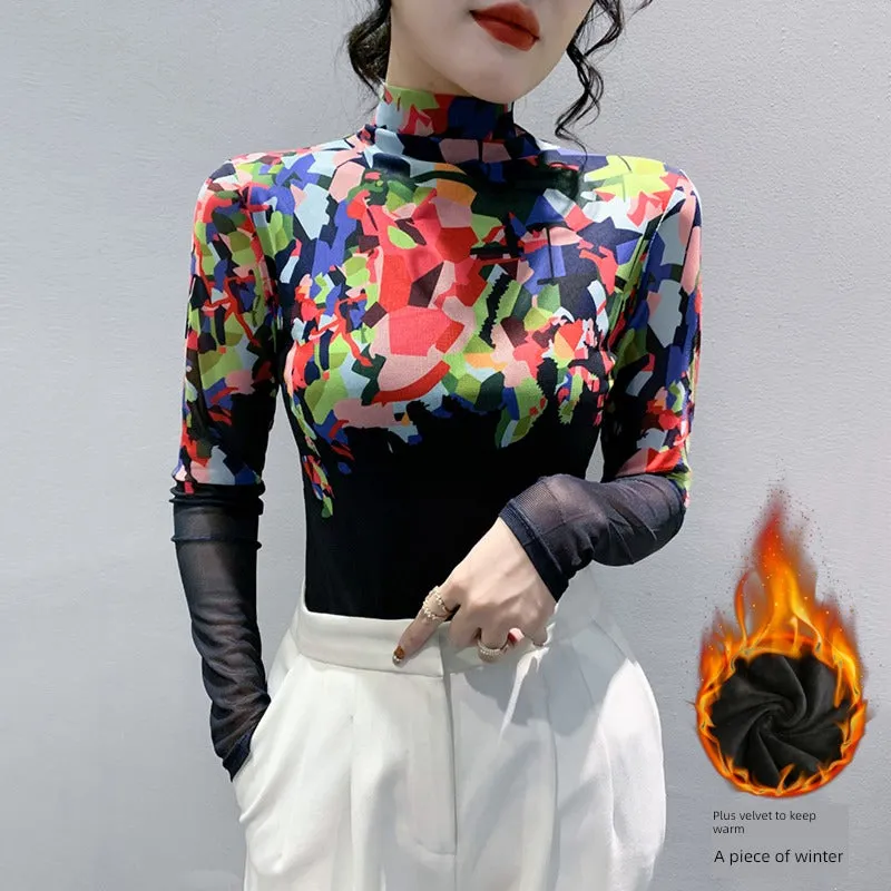 Printed Top Design Long Sleeve Mesh