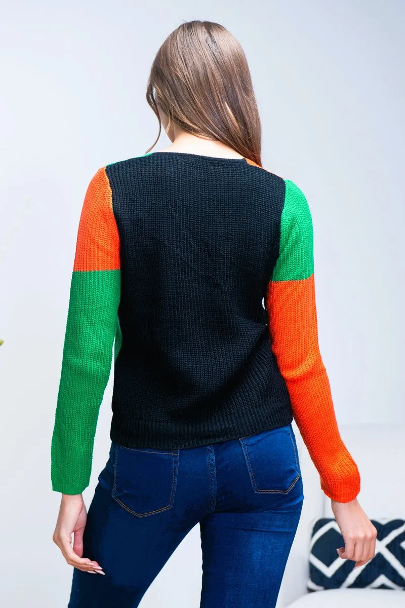 "Halloween Vibe" Knit V-Neck Sweater 2Front Pockets  (HS-0972)