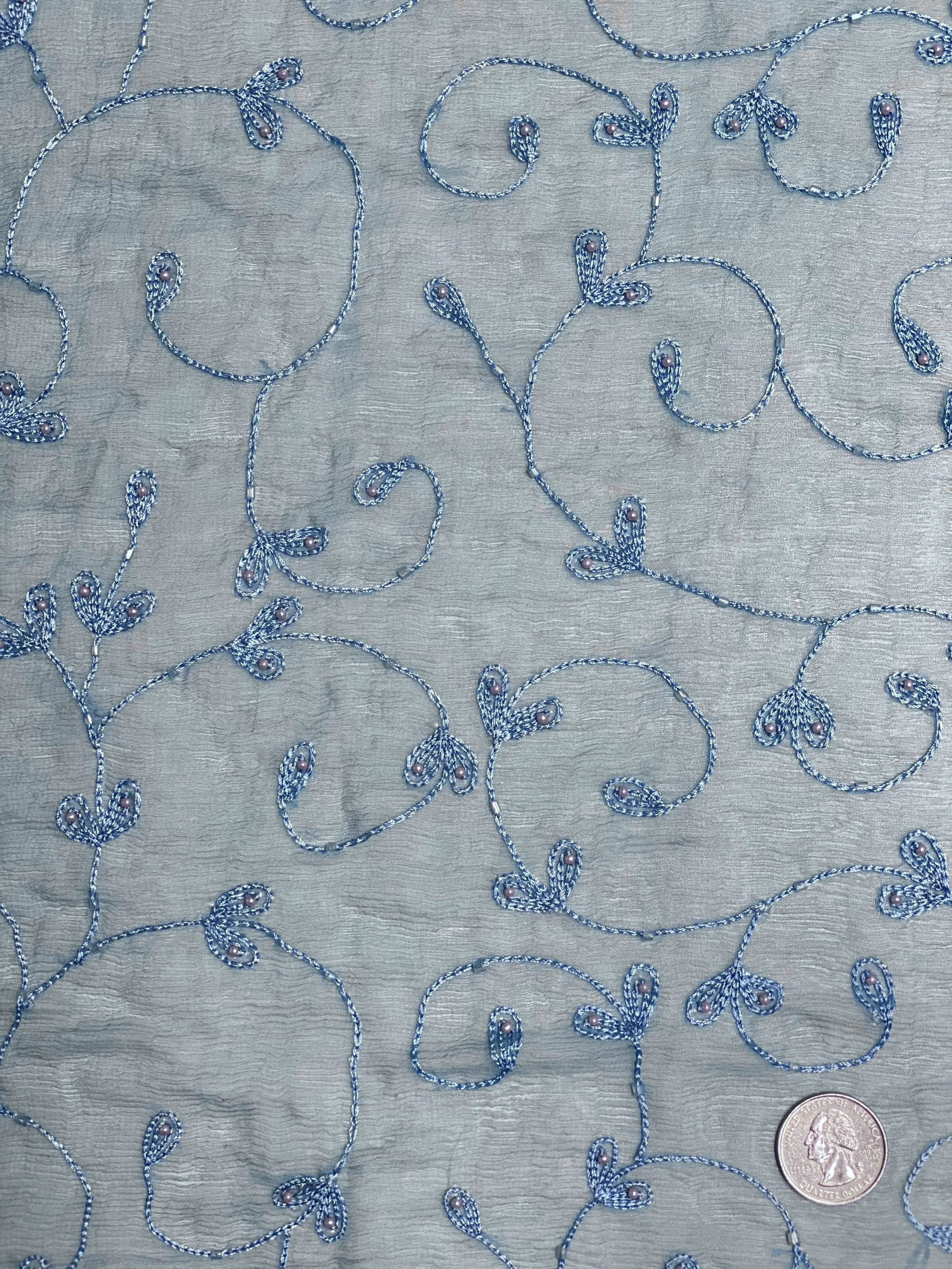 Sea Blue Sequin & Beads on Silk Chiffon JEC-164-6 Fabric
