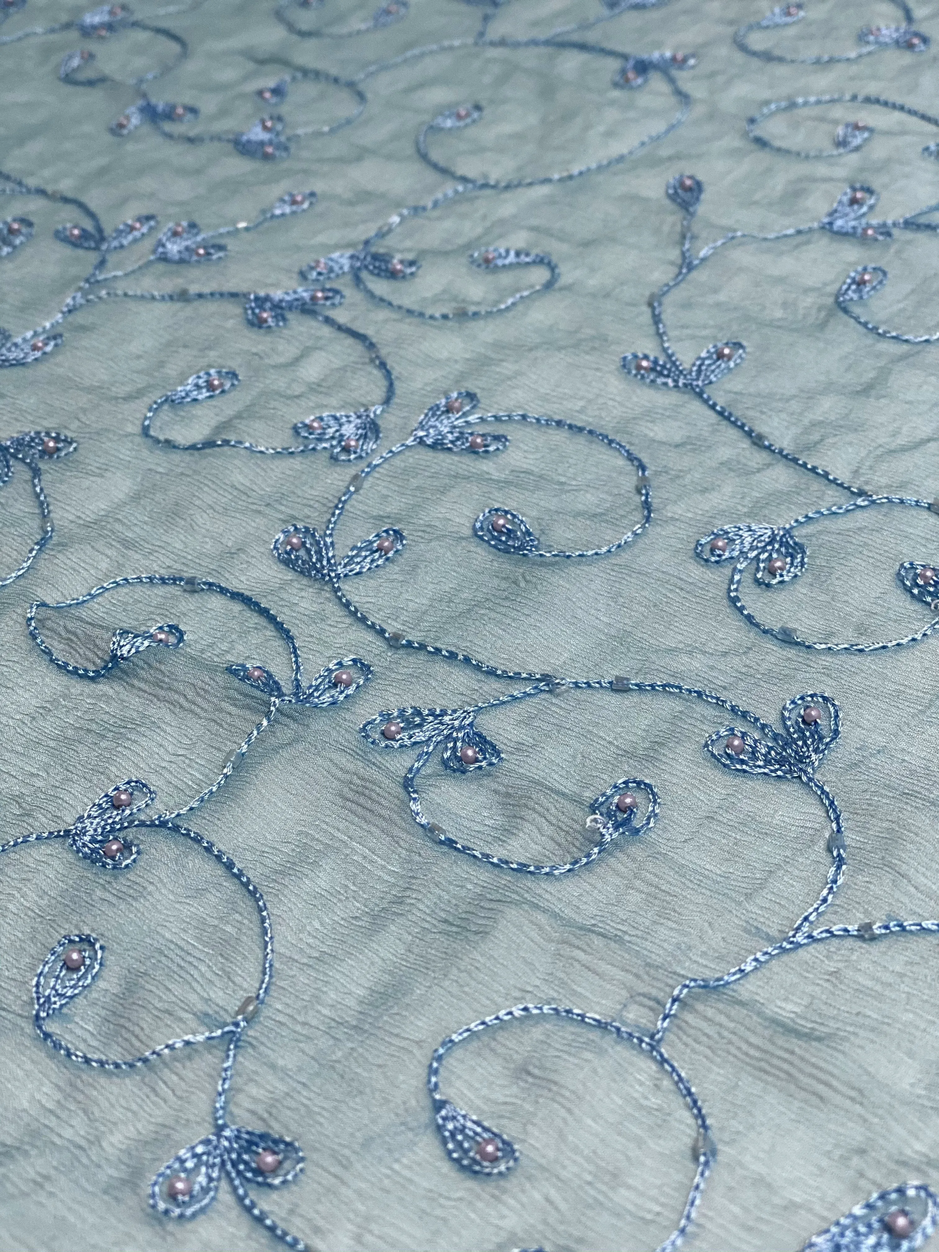 Sea Blue Sequin & Beads on Silk Chiffon JEC-164-6 Fabric