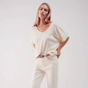 Short Sleeve Jumper in v Neck in Beige