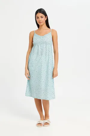Women Blue Embellished Floral Print Nightgown