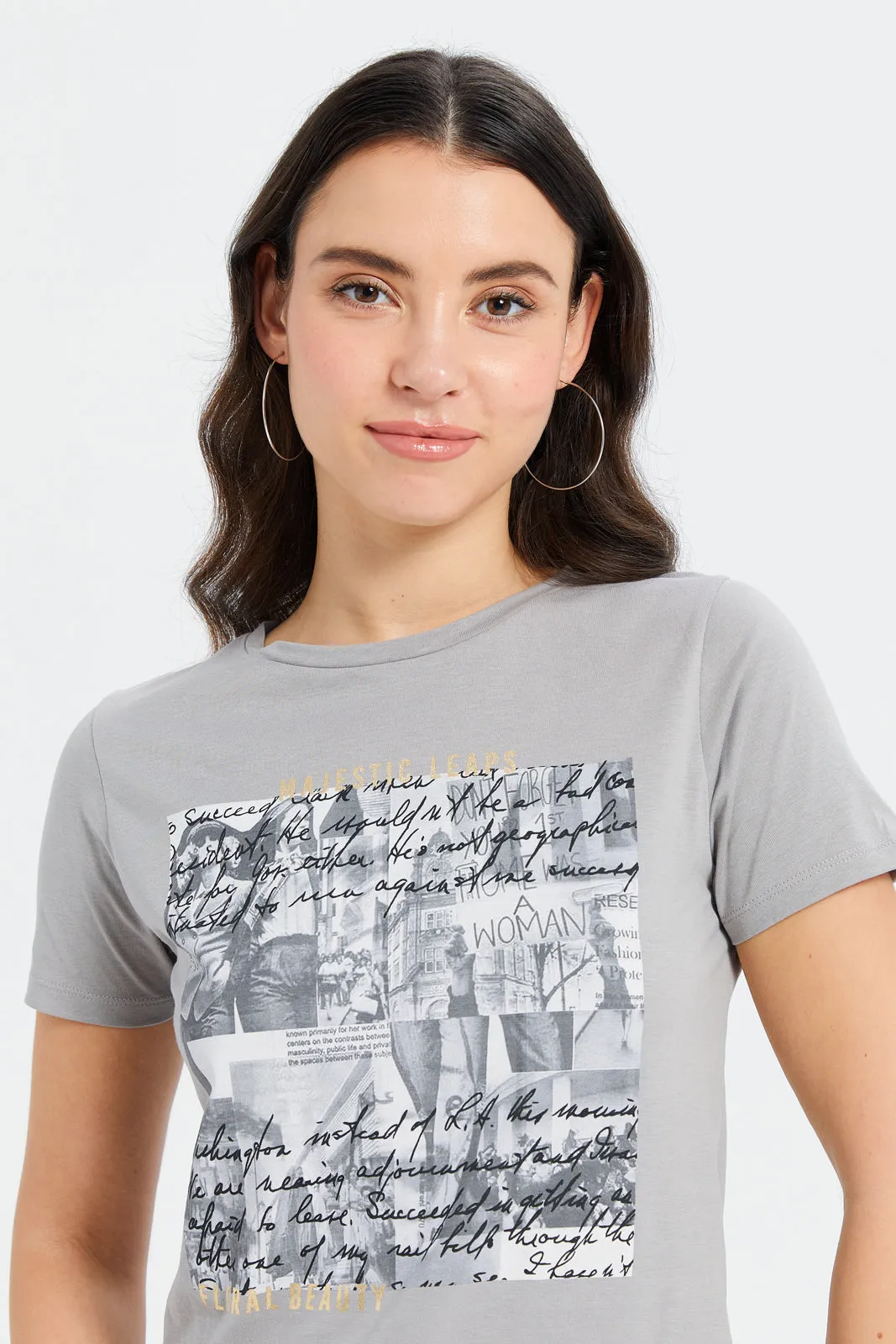 Women Grey Foil Printed T-Shirt