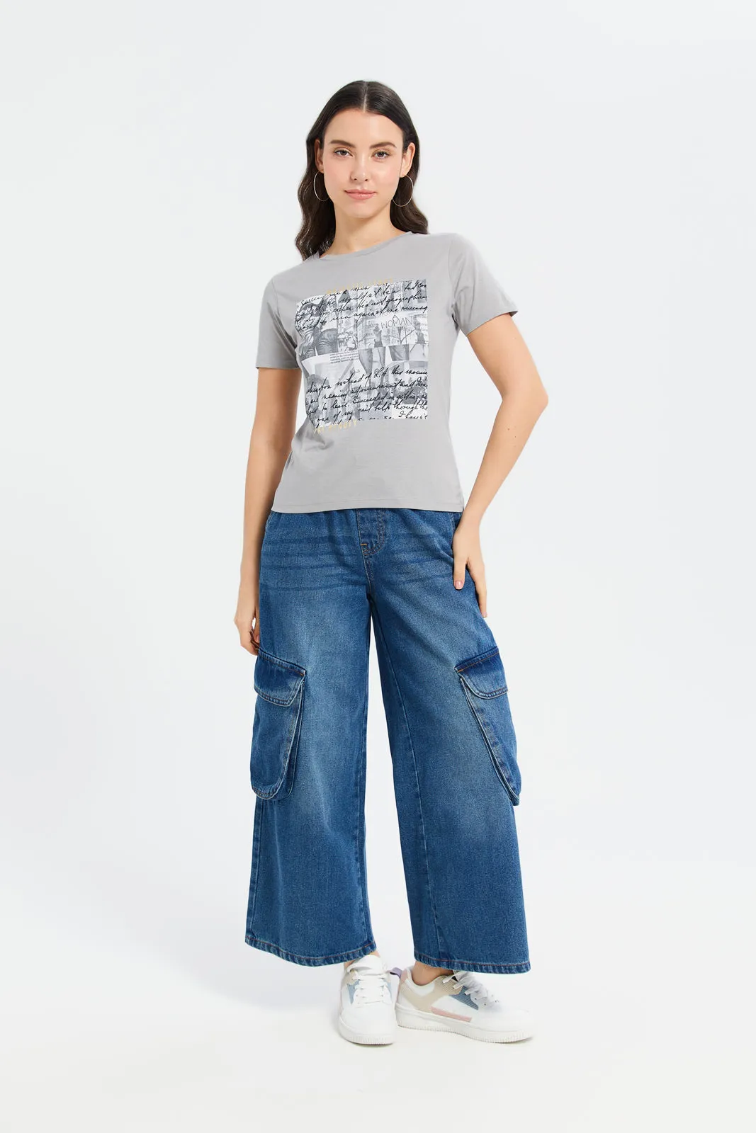 Women Grey Foil Printed T-Shirt