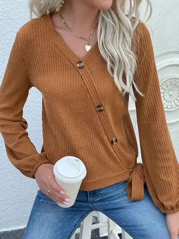 Women’s casual solid color button-decorated bottoming knitted sweater