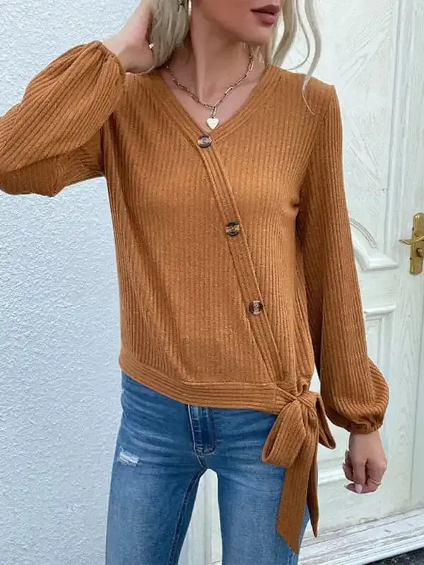 Women’s casual solid color button-decorated bottoming knitted sweater