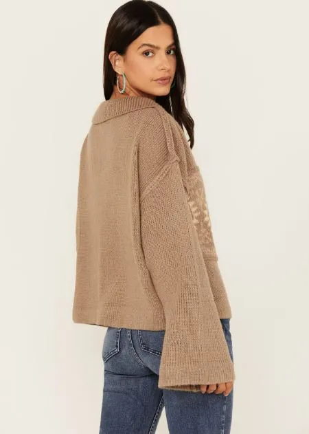 Women's Miss Me Aztec Knit Collar Moss Sweater