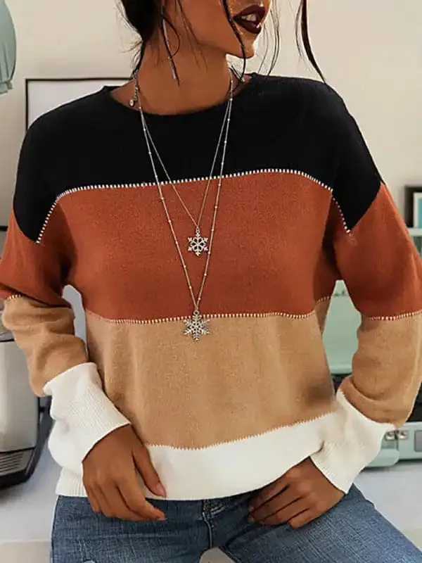 Women’s Striped Contrast Long Sleeve Crewneck Knit Sweater