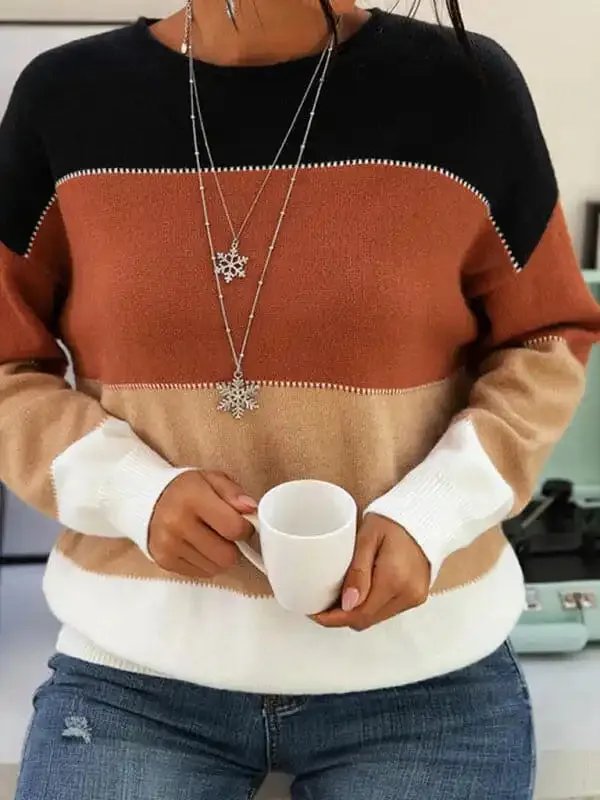 Women’s Striped Contrast Long Sleeve Crewneck Knit Sweater