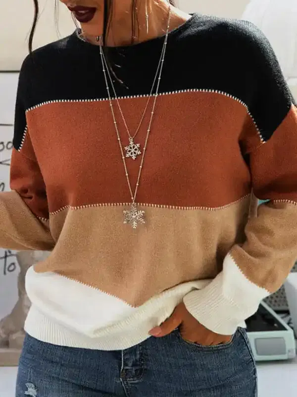 Women’s Striped Contrast Long Sleeve Crewneck Knit Sweater