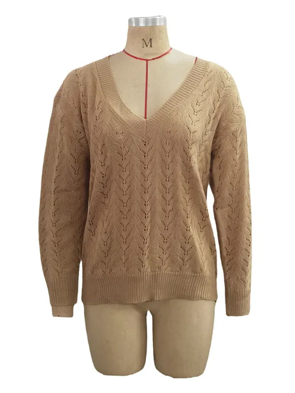 Women's Sweater Solid Color Hollow V-neck Sweater Is Casual and Comfortable