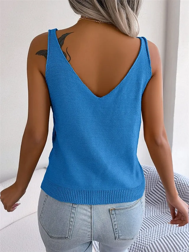 Women's Sweater Vest Jumper Cable Knit Open Back Solid Color V Neck Stylish Casual Daily Going out Summer Spring Black White S M L